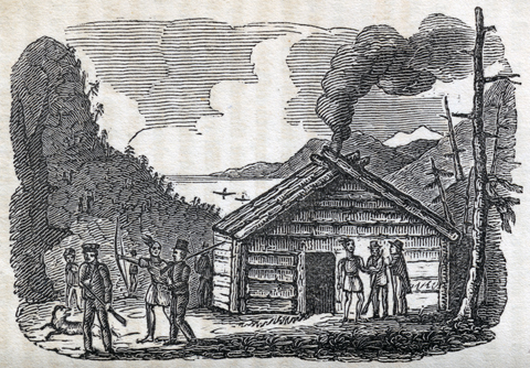 A cabin within sight of a large bay