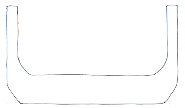 Drawing of a dugout canoe with a flat bottom and angled chines