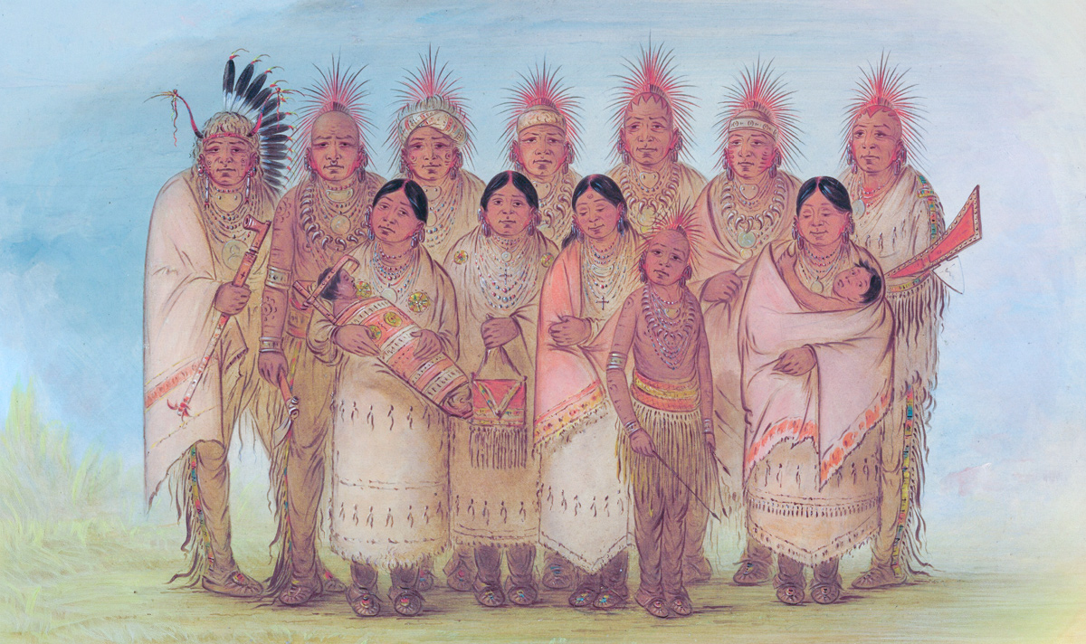 A family of fourteen Iowa Indians pose for George Catlin in London