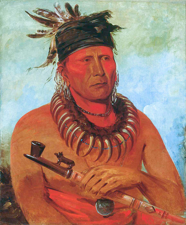 Missouria chief with bear claw necklace, peace pipe, and peace medal