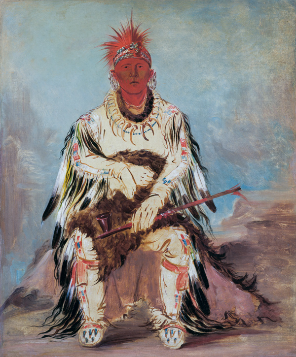 Otoe warrior dressed in white leathers and bear claw necklace