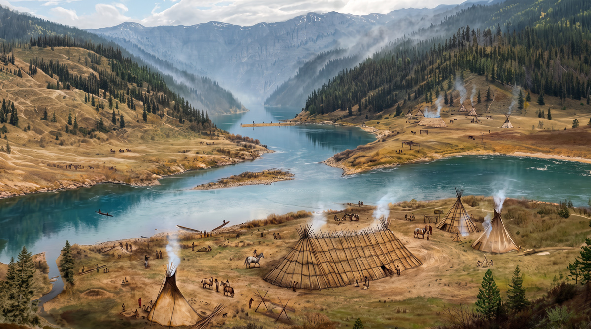 Nez Perce reed mat lodge at the confluence of two mountain rivers
