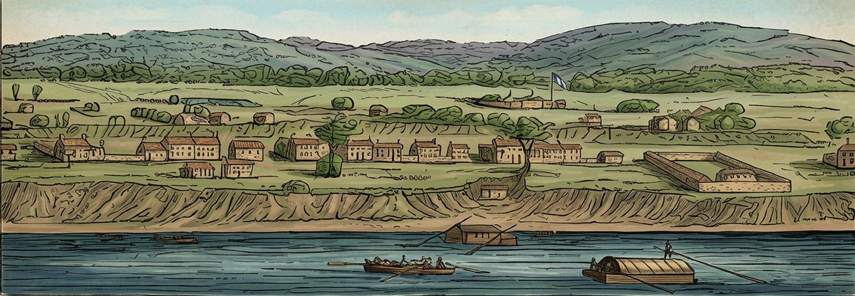 Outline sketch of two-story buildings on a bench above the river