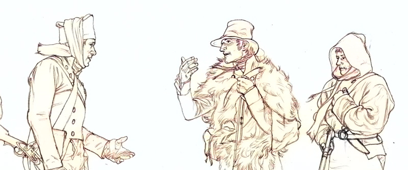 Sketch of four hunters in winter clothing pulling a sled