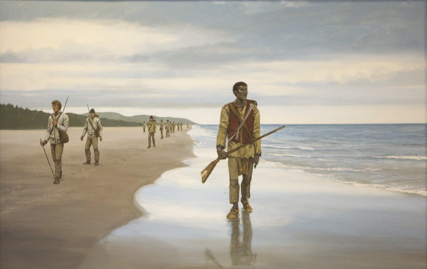Painting with York and several men walking on a long beach