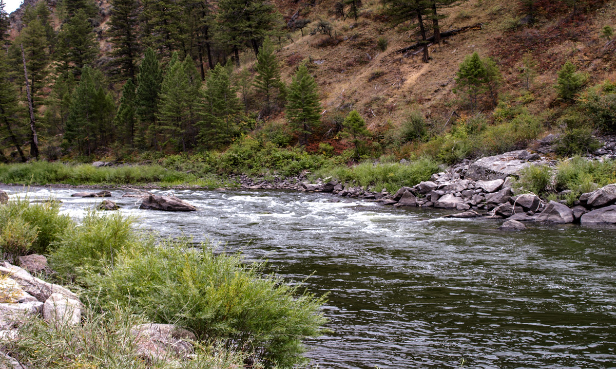 Rapid river clings to rock cliffs
