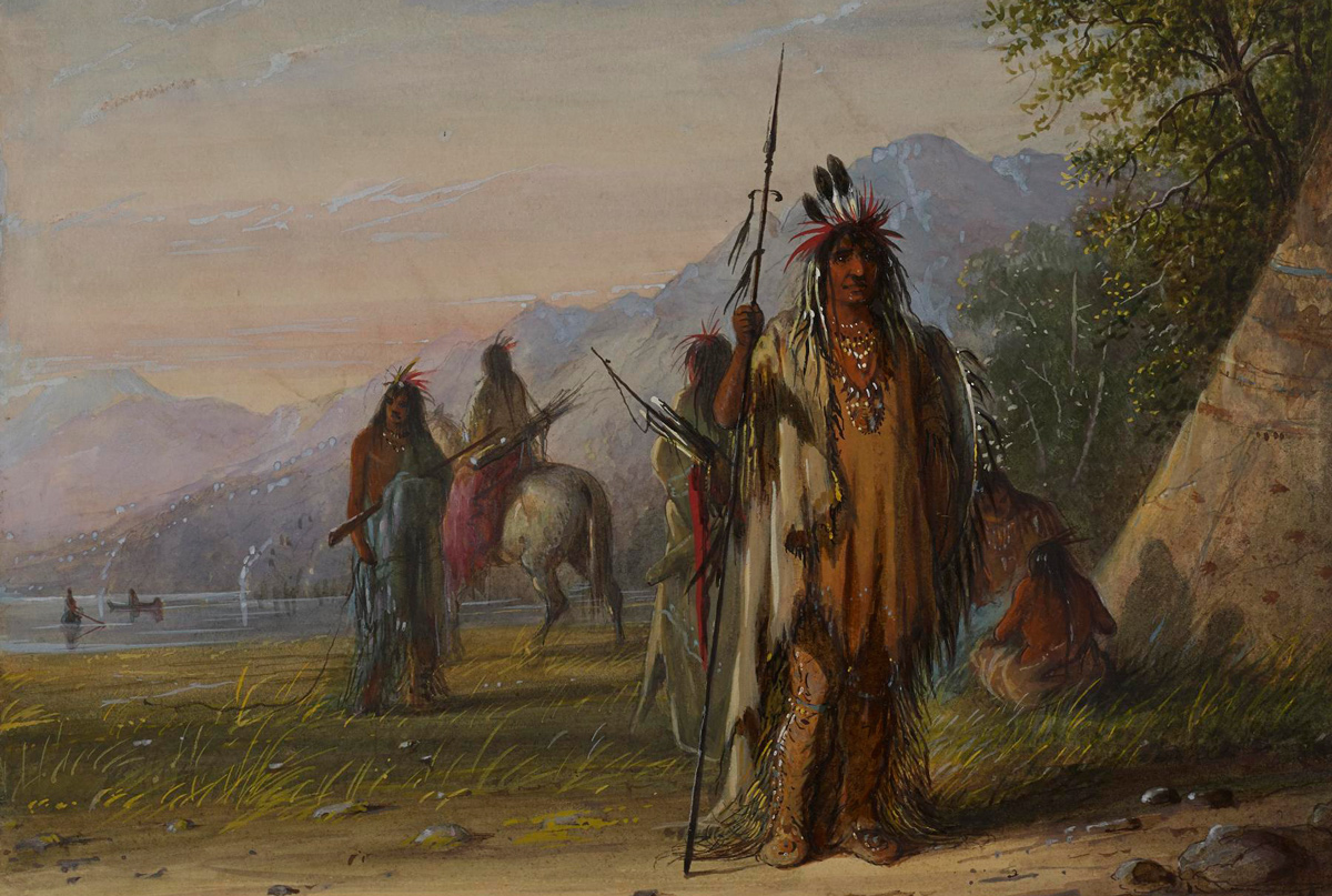 Watercolor of a Shoshone warrior standing if front of an encampment